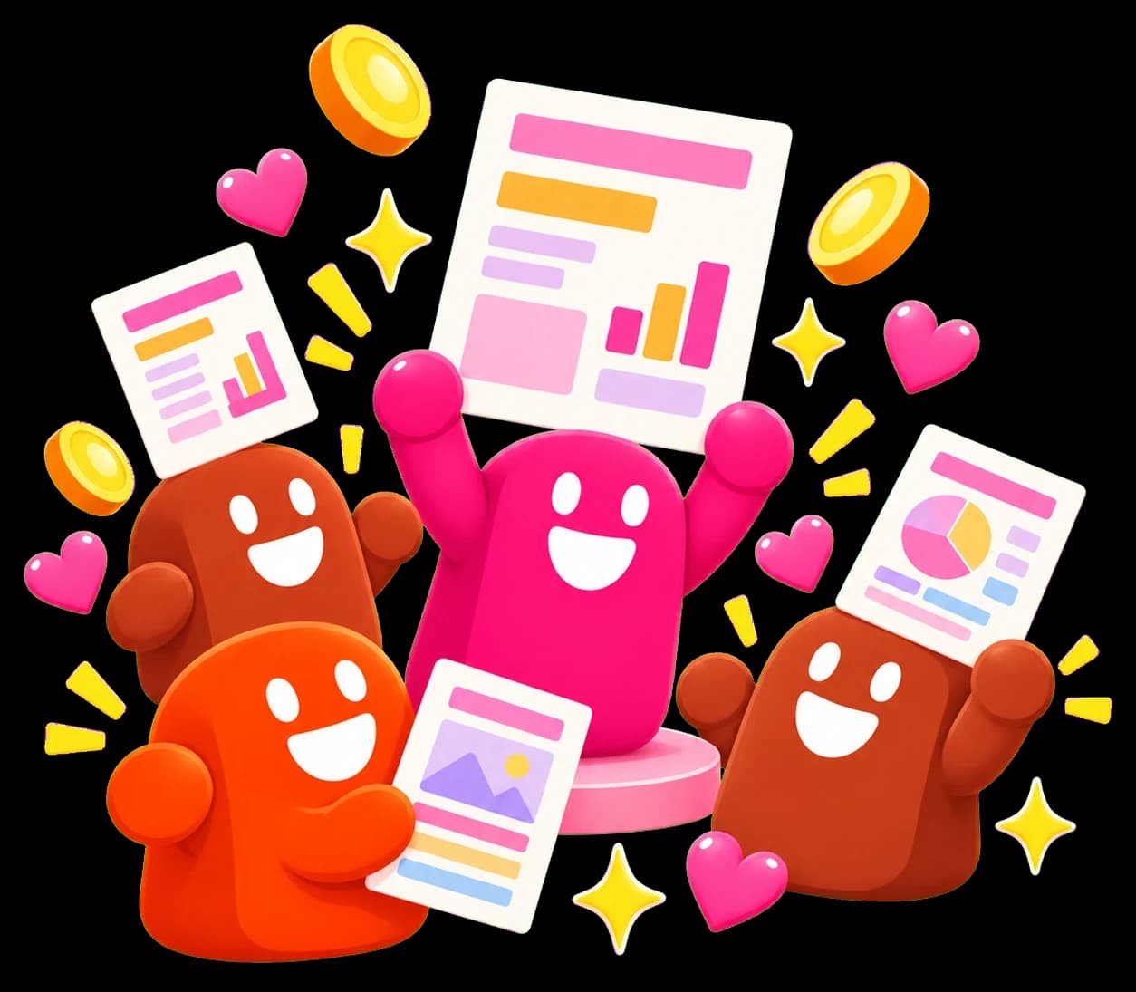 Los thumbs festejan alrededor del thumb rosa de Plasza, que levanta una plantilla entre corazones y monedas
