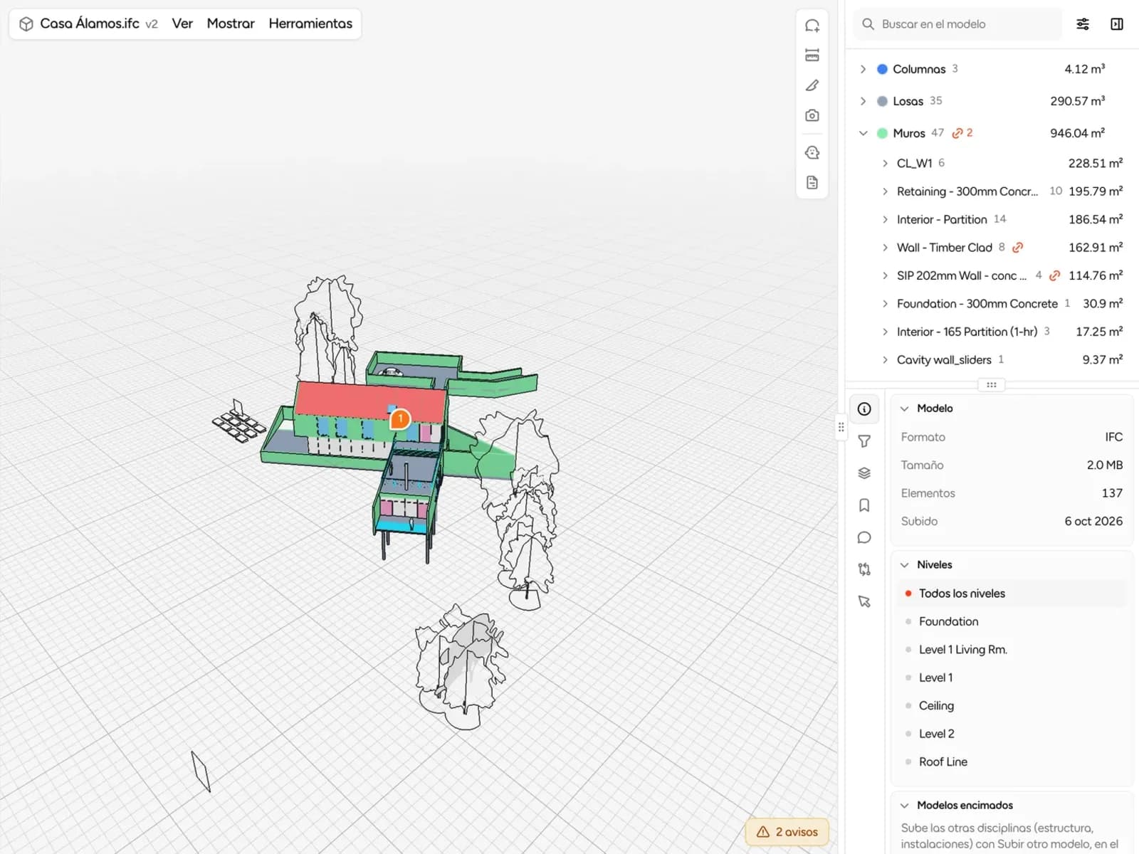 Visor del modelo 3D de Slabsz con la casa Álamos al centro y, a la derecha, las partidas del modelo con sus cantidades y los niveles