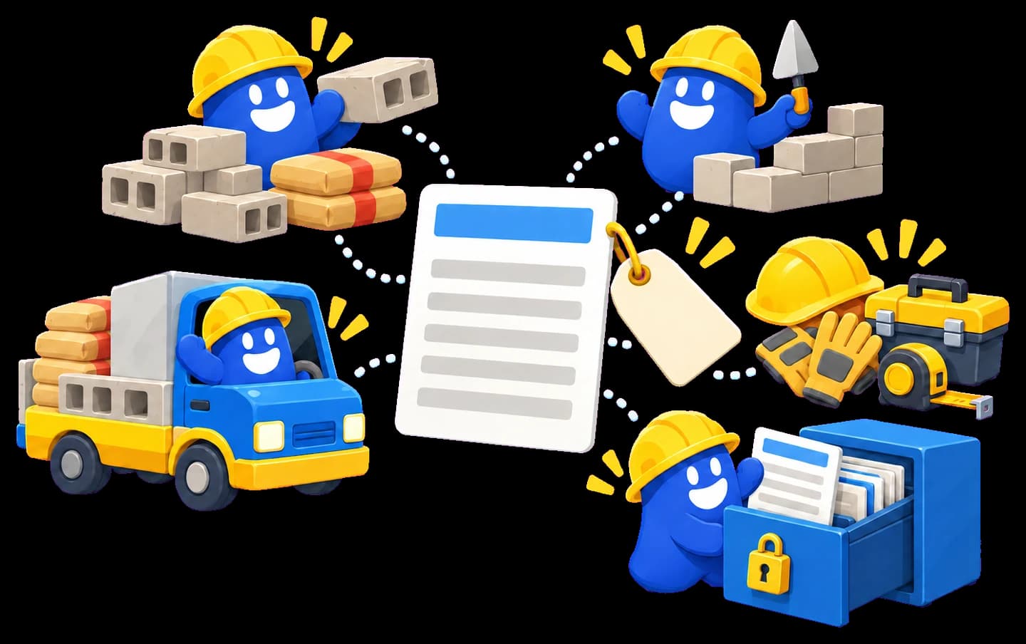 Un concepto al centro con sus partes alrededor: materiales, un albañil, herramienta y equipo de seguridad, el camión del proveedor y la etiqueta del precio unitario, y un thumb que lo guarda en el archivero con candado de Blueprint