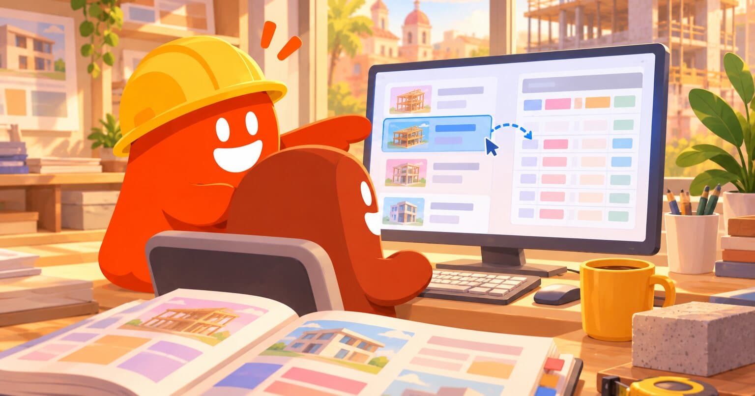 Personajes de Slabsz en un despacho de arquitectura: uno arma un concepto en su monitor, junto a un gran libro abierto, mientras otro con casco señala la pantalla.