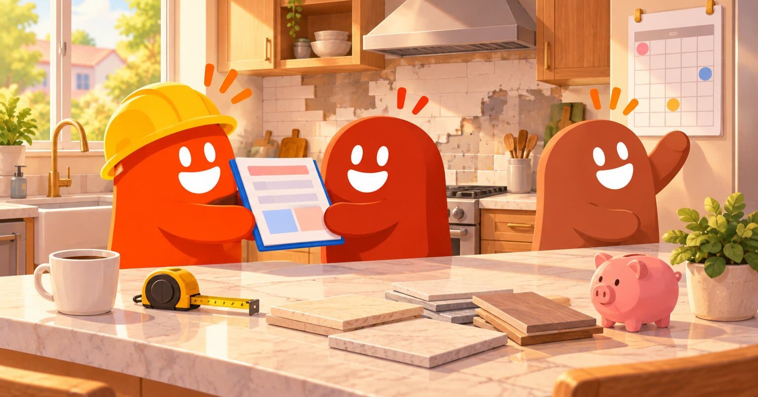 Personajes de Slabsz en la cocina de un cliente: uno con casco le entrega la cotización junto a muestras de piso y una alcancía.