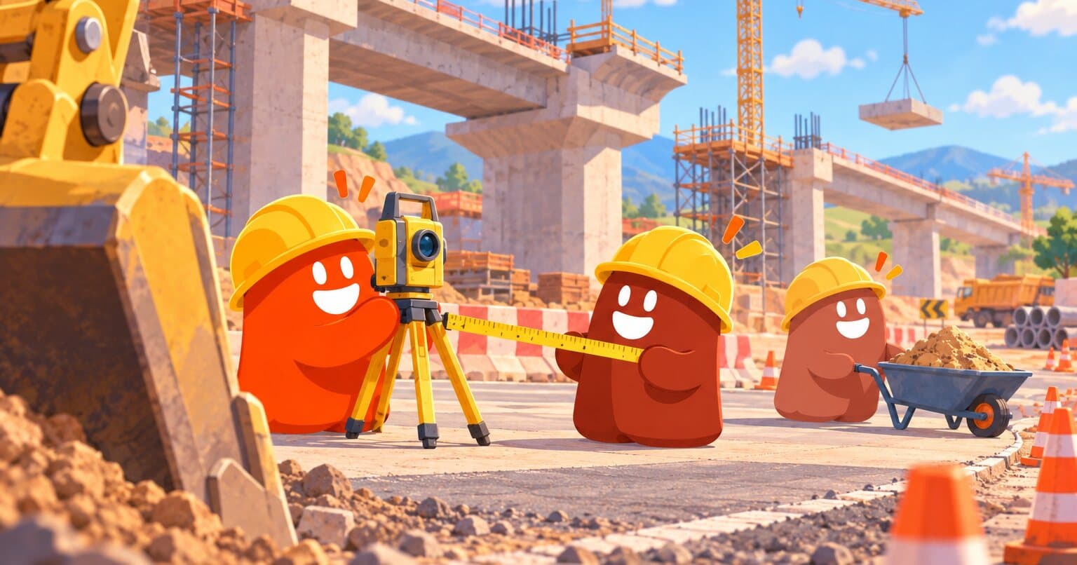 Personajes de Slabsz con casco en una obra de ingeniería civil: miden con un tripié topográfico junto a un puente a medio construir.