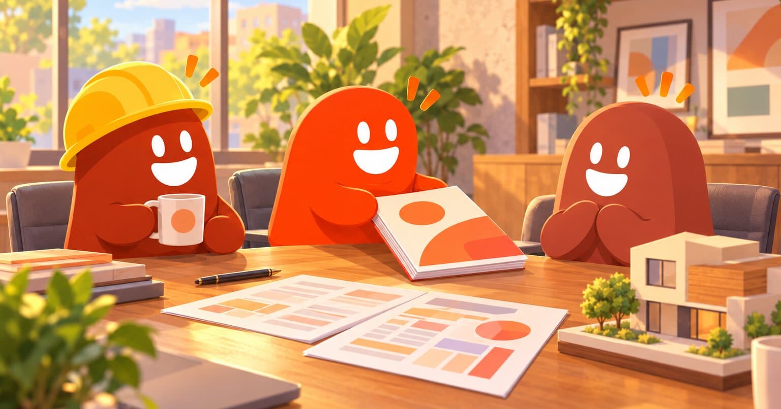 Personajes de Slabsz en una junta: uno desliza sobre la mesa un presupuesto engargolado con portada naranja hacia su cliente.