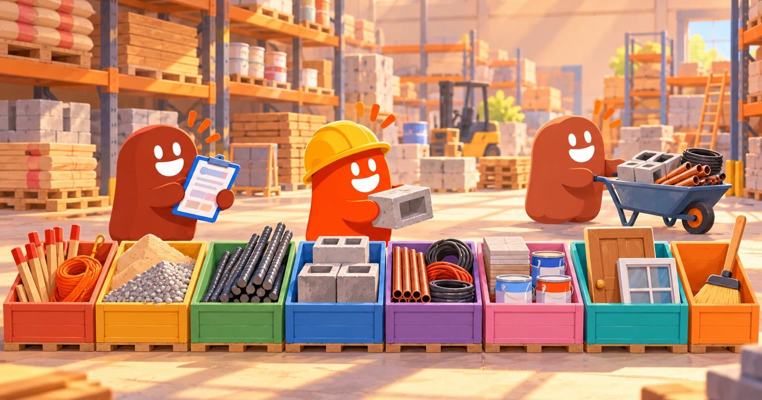 Personajes de Slabsz en una bodega de materiales acomodan en cajas de colores, en orden de obra, estacas, grava, varilla, block, tubería, pisos, puertas y una escoba.