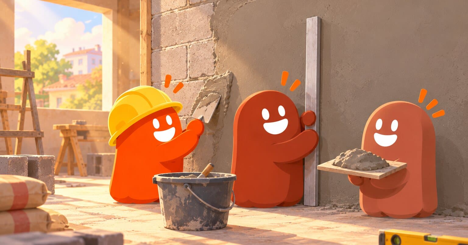 Personajes de Slabsz aplanan un muro de block por dentro de una casa en obra gris, con llana, regla y una cubeta de mortero.