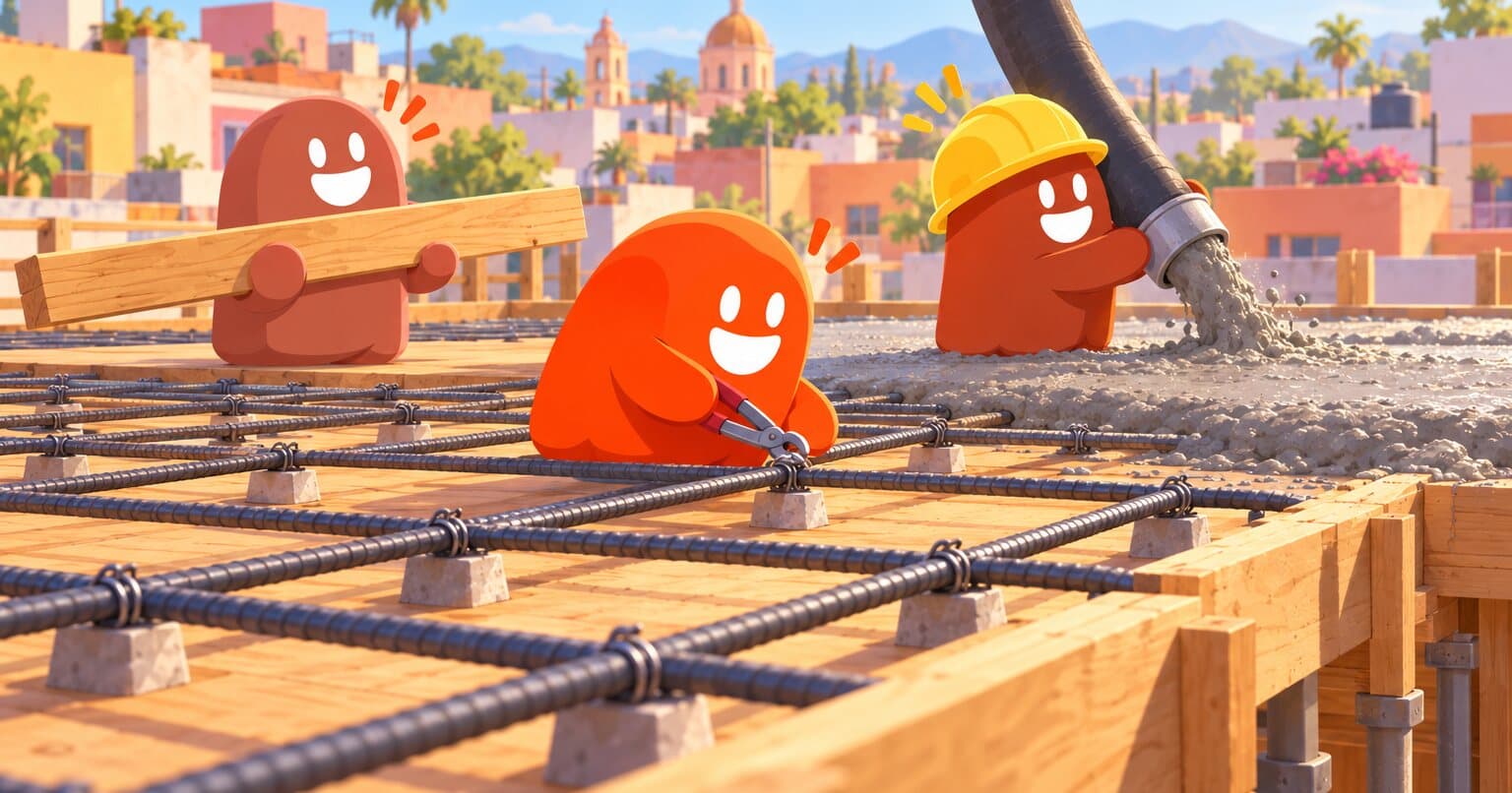 Personajes de Slabsz en una obra de losa: amarran varilla sobre la cimbra mientras otro sostiene la manguera del concreto.