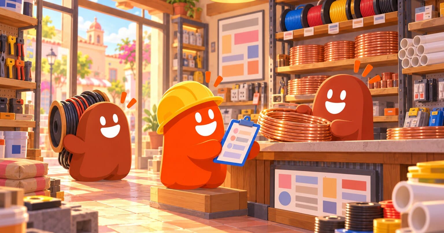Personajes de Slabsz en una casa de material eléctrico: uno sube un rollo de tubo de cobre al mostrador mientras otro con casco revisa su portapapeles.