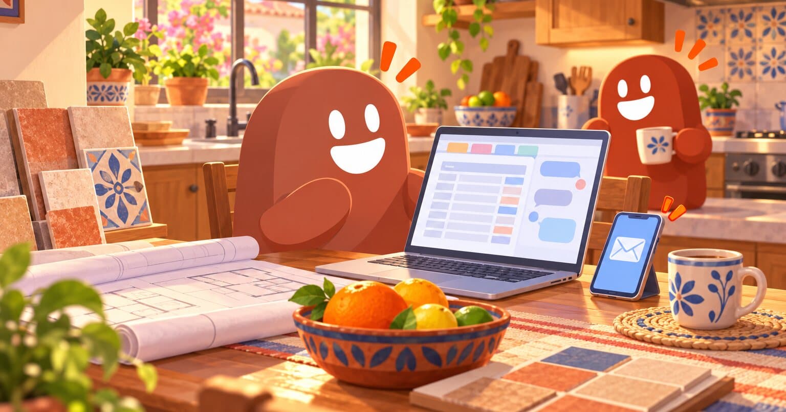 En la cocina de su casa, un thumb terracota revisa en la laptop un presupuesto con pestañas y una columna de mensajes, mientras su celular muestra un correo nuevo.