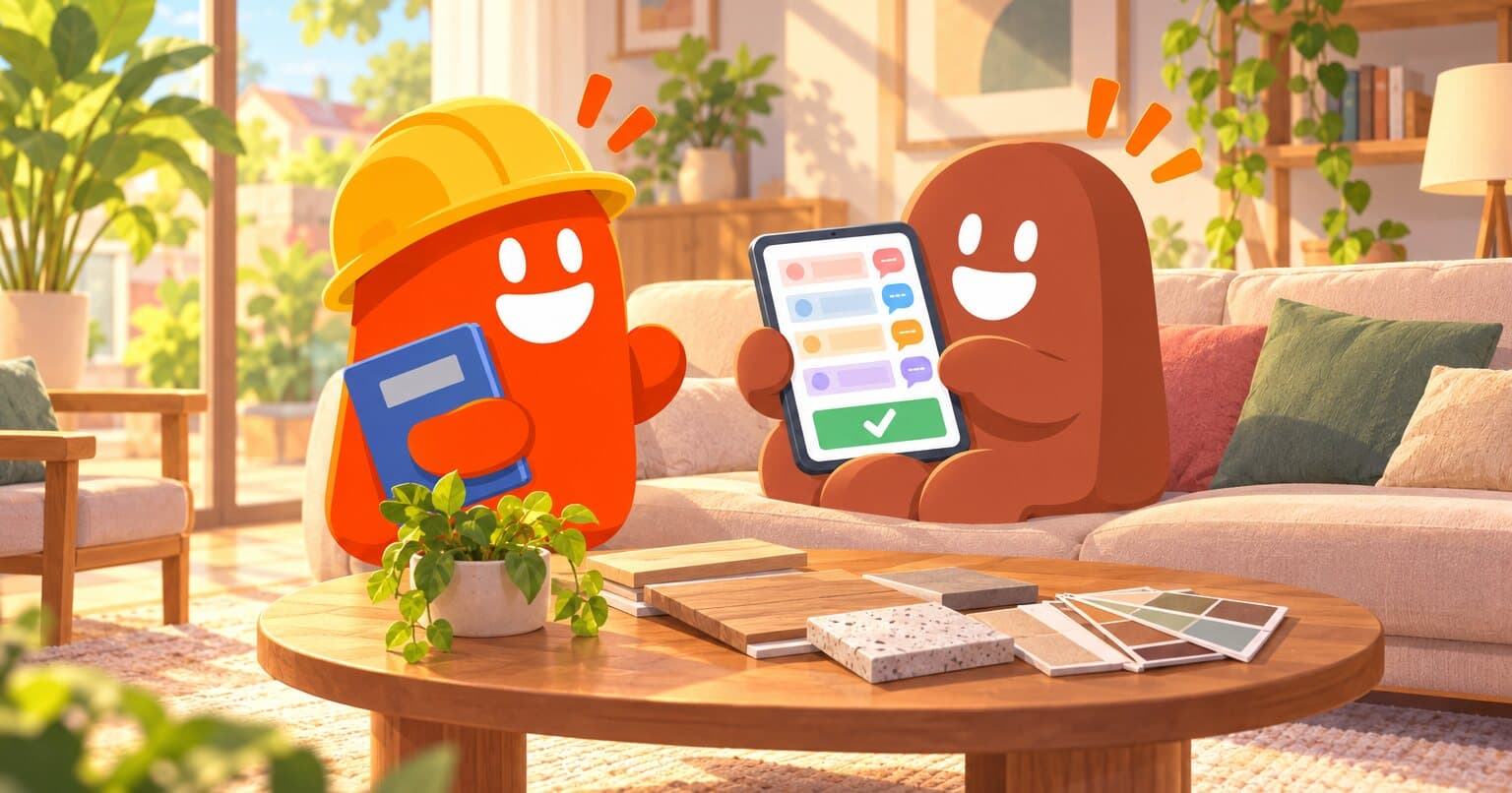En la sala de la casa del cliente, un thumb en el sillón revisa una tableta con globos de comentario mientras otro thumb con casco espera con su carpeta.