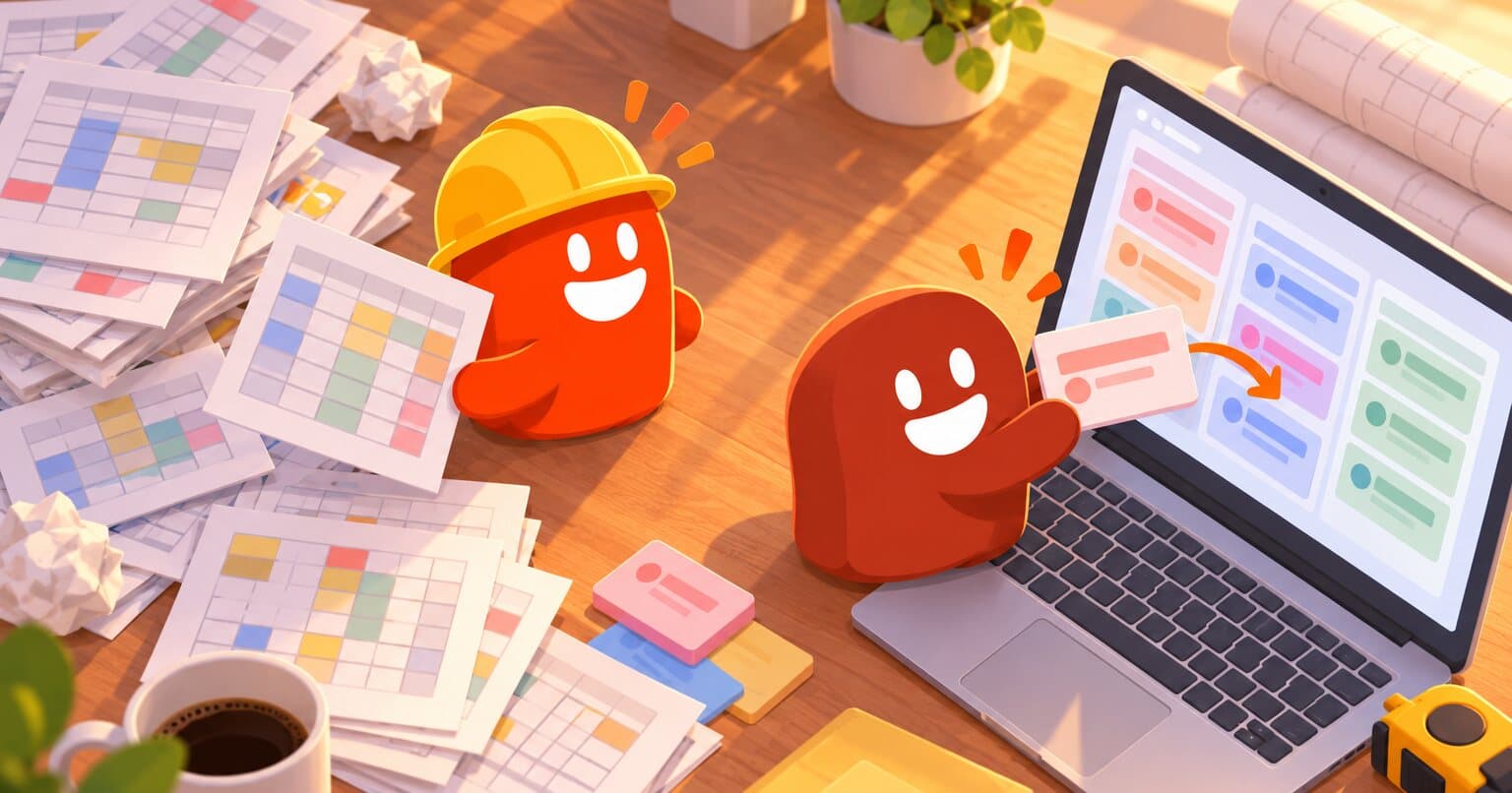 Vista cenital de un escritorio con hojas de cálculo impresas y una laptop donde los renglones se acomodan en tarjetas ordenadas, con dos thumbs ayudando.