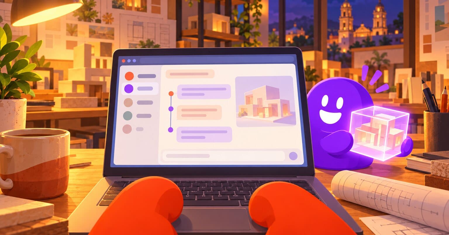 De noche en un despacho, las manos de un thumb naranja frente a una laptop con un chat en bloques de color y una línea de pasos, mientras Isza, morada, le muestra un cubo con una casa.