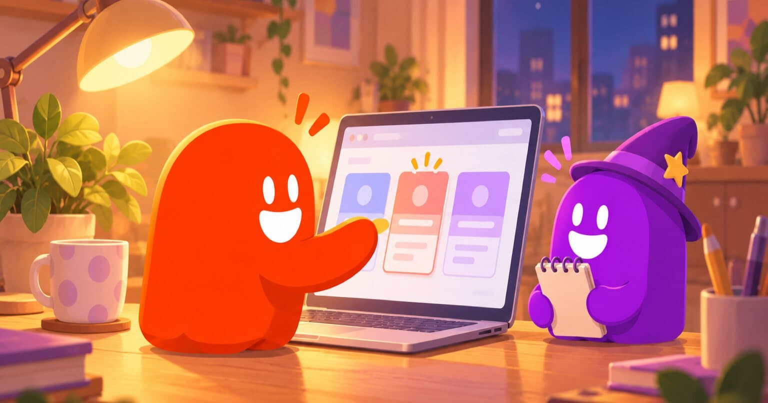 De noche con la lámpara del escritorio encendida, un thumb elige una de tres tarjetas de color en la pantalla de su laptop mientras otro espera a su lado.