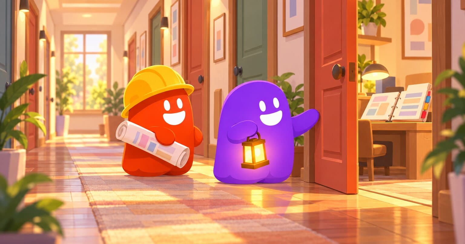 En un pasillo de oficina con puertas de colores, Isza, un thumb violeta con una linterna, abre la puerta correcta a un thumb con casco que lleva un plano.