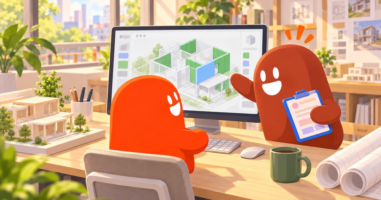 En un despacho en la mañana, un thumb revisa en su monitor el modelo 3D de una casa con muros en verde, uno en azul y el resto translúcido; otro, con portapapeles, le señala la pantalla.