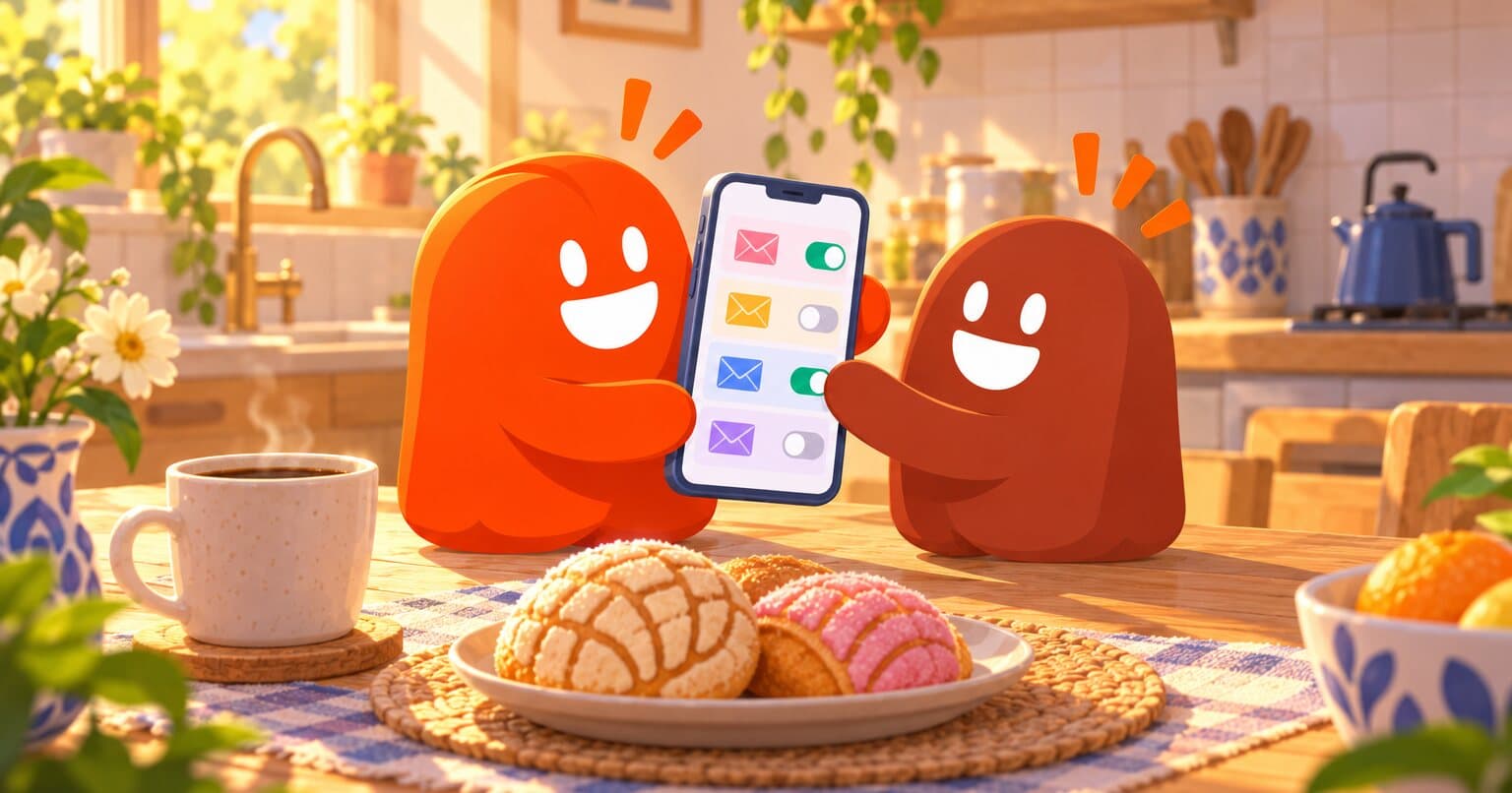 Acercamiento a la mesa de una cocina en la mañana: un thumb con su taza revisa en el celular sobres de colores mientras otro mueve unos interruptores.