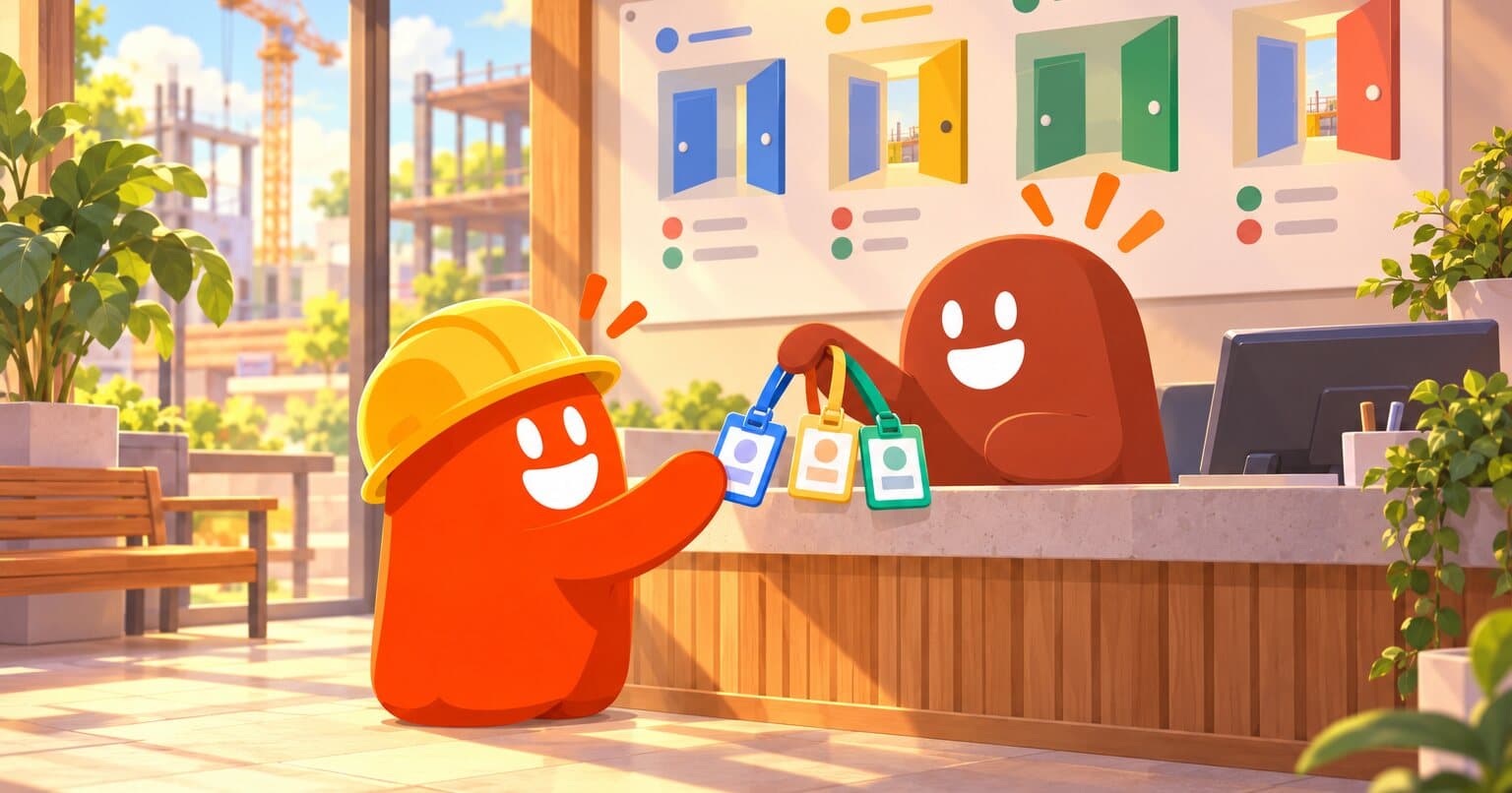 En la recepción de una constructora, un thumb entrega gafetes de distintos colores a dos compañeros frente a un tablero con puertas de colores.