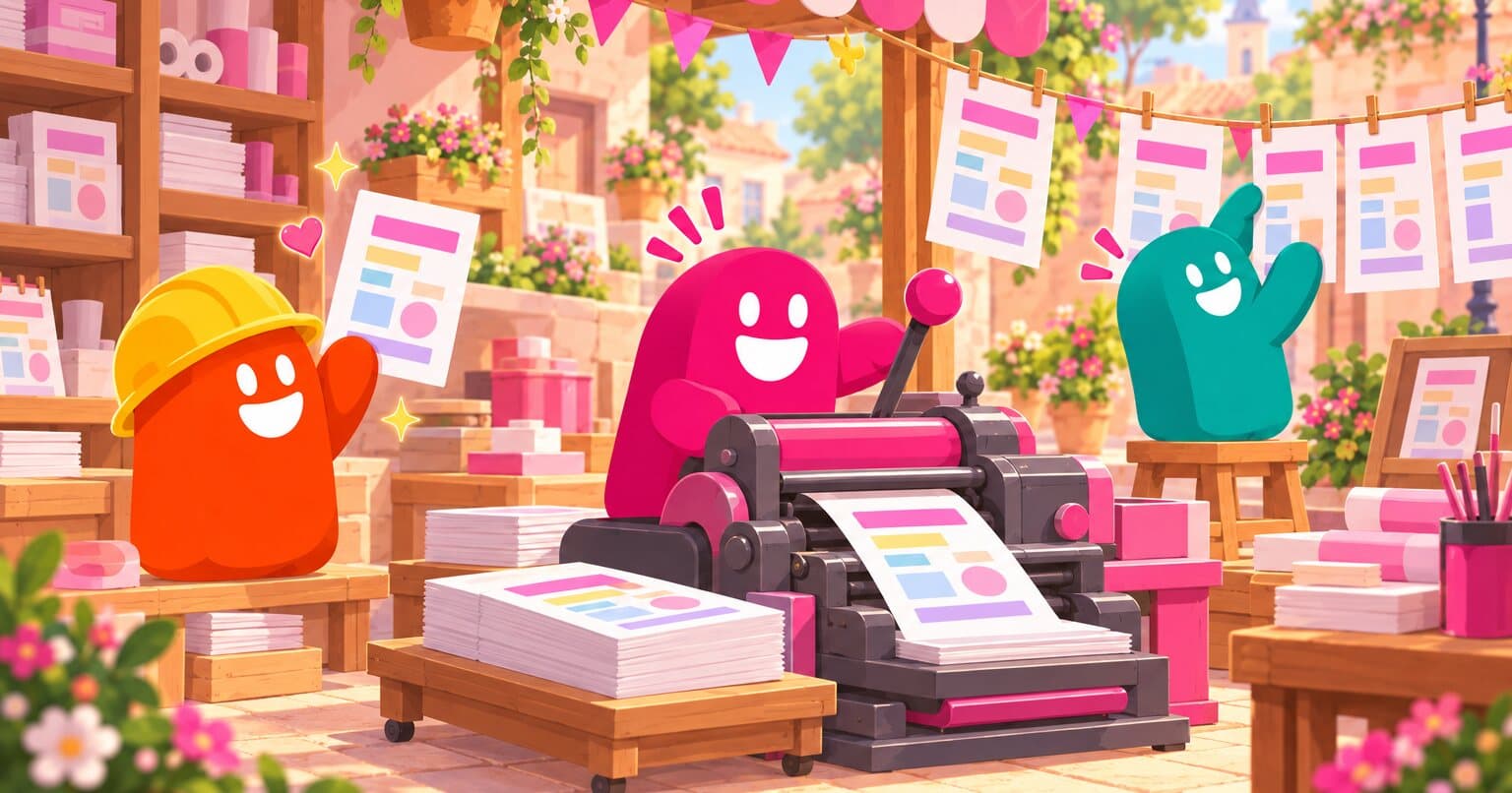 En una imprenta con toldo rosa, un thumb magenta jala la palanca de una prensa que imprime hojas membretadas, un thumb con casco levanta una y otro cuelga las terminadas entre banderines.