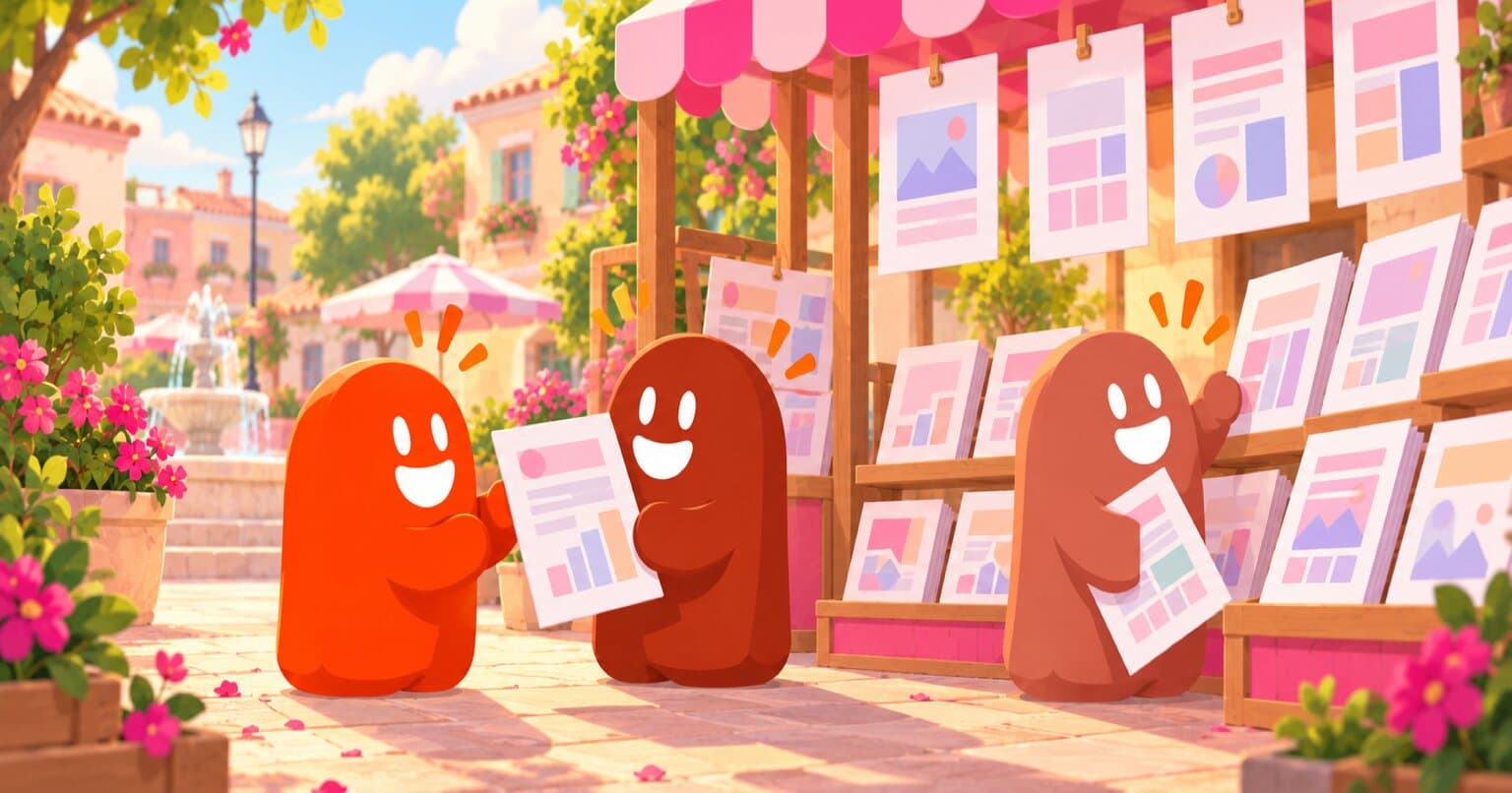 En una tienda luminosa a mediodía con acentos rosas, tres thumbs hojean documentos impresos colgados en exhibidores y uno se lleva una hoja bajo el brazo.
