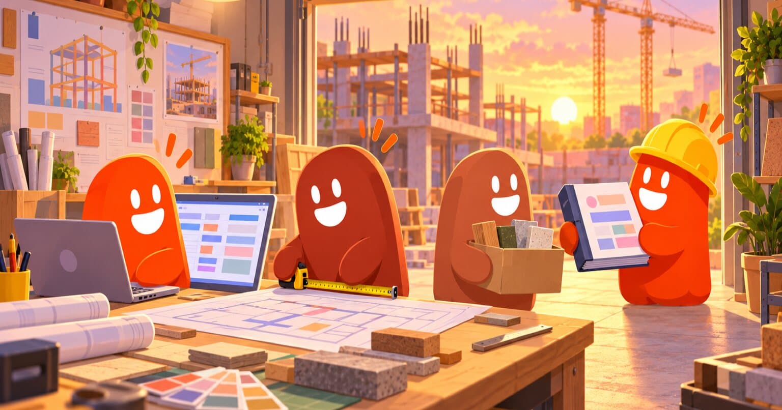 Un estudio con la cortina abierta hacia una obra en la tarde dorada: cuatro thumbs trabajan en laptop, plano, cajas de material y entregan una carpeta.