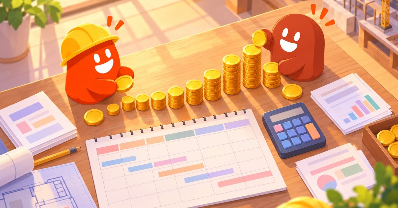 Vista cenital de un escritorio de banco a mediodía: pilas de monedas que crecen en curva junto a un calendario, facturas y las manos de dos thumbs.