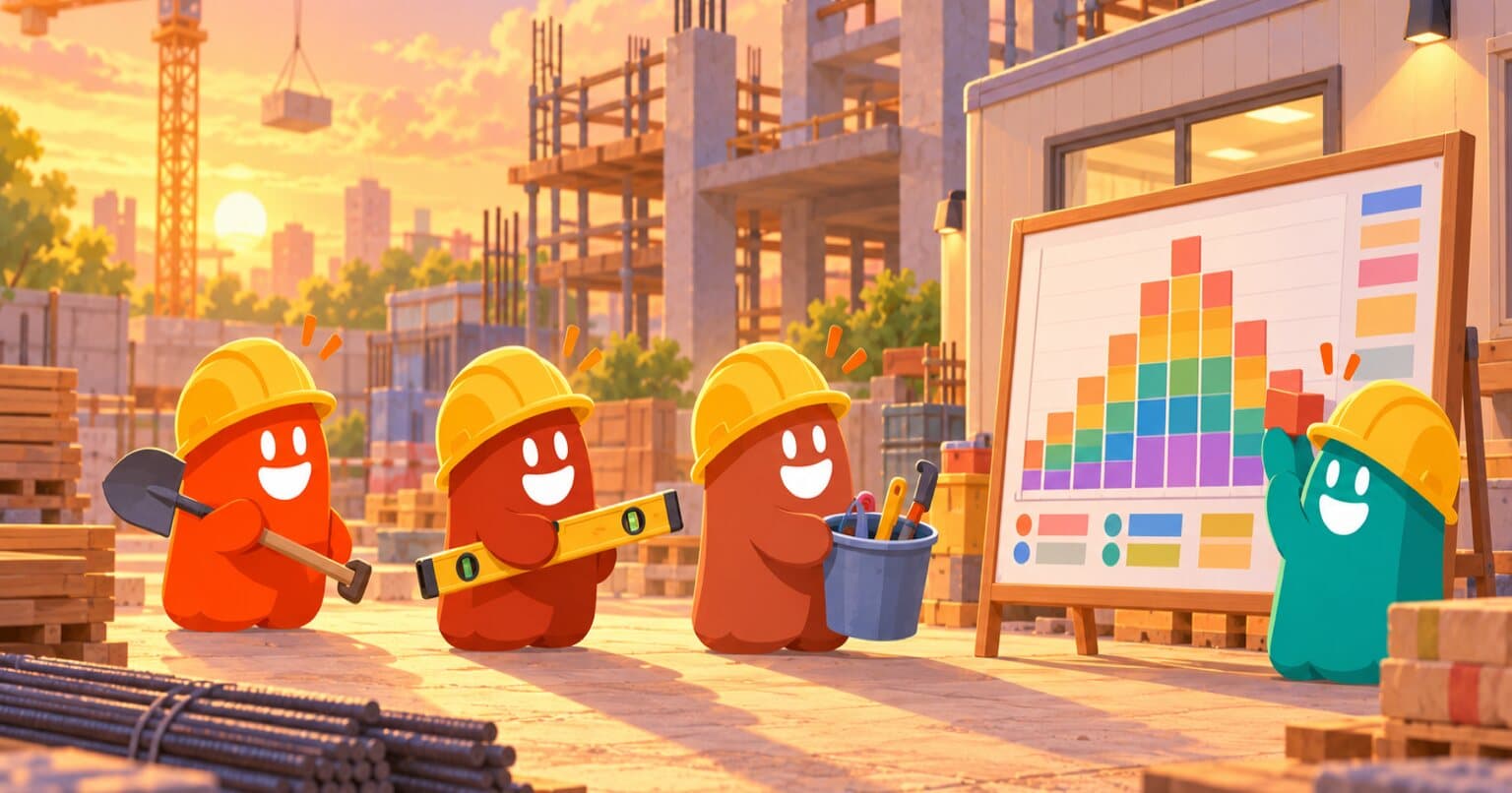 Obra en la tarde dorada: thumbs con casco llegan con sus herramientas mientras otro acomoda bloques apilados de colores en un tablero junto a la caseta.