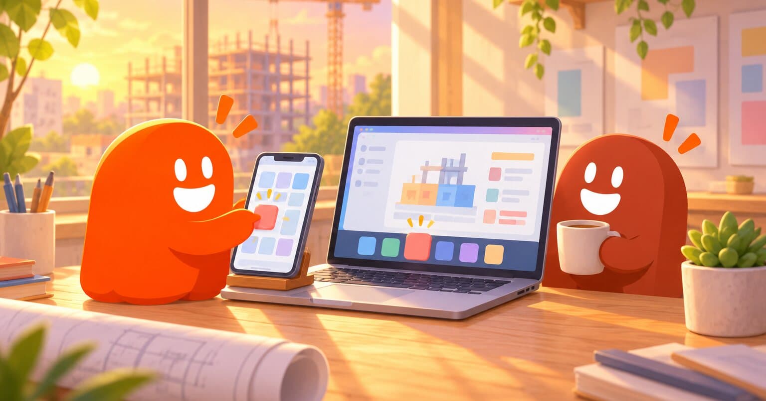 Acercamiento a un escritorio en la mañana: un thumb toca el ícono de una app en un celular junto a una laptop y una taza de café.