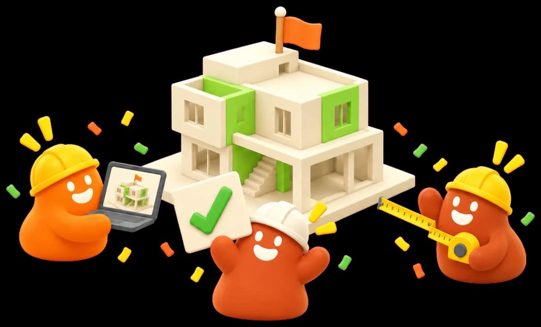 Tres personajes festejan alrededor de la maqueta terminada de la casa con una banderita: uno levanta su laptop con la casa en 3D, otro una palomita y el tercero saluda con su cinta métrica