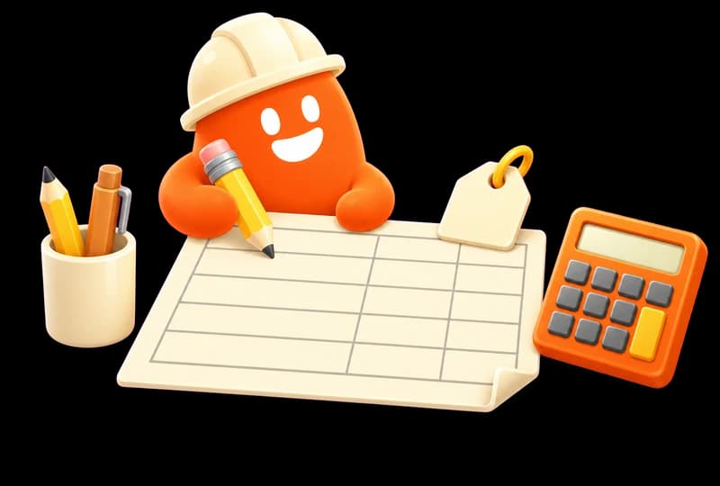 Un thumb naranja con casco escribe en la hoja del presupuesto, junto a una etiqueta de precio y una calculadora