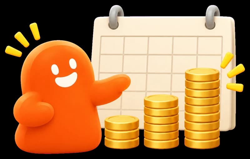 Un personaje señala pilas de monedas que crecen frente a un calendario