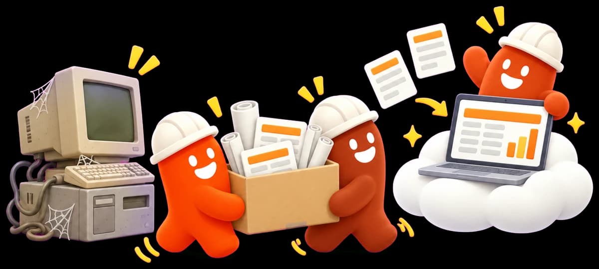 Dos personajes con casco llevan una caja de presupuestos desde una computadora vieja de escritorio hasta una laptop sobre una nube, donde otro los recibe