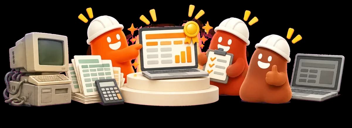 Personajes con casco comparan varias computadoras y señalan la laptop ganadora sobre un podio