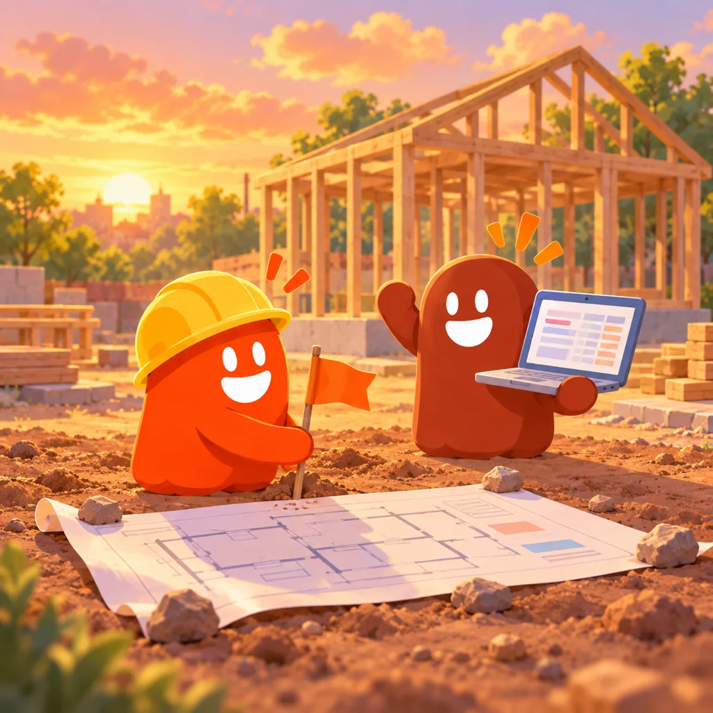 Al atardecer, un thumb con casco clava una bandera junto al plano en un terreno vacío mientras otro celebra con su laptop