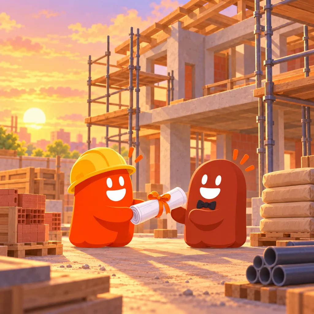 Frente a una casa en obra, el thumb constructor le entrega el plano con moño a su cliente junto a los materiales apilados