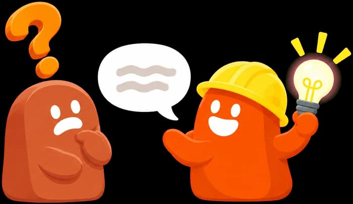 Un personaje con un signo de interrogación y otro con casco que le responde con un foco encendido