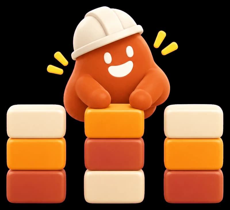 Un personaje con casco acomoda bloques de colores en tres columnas