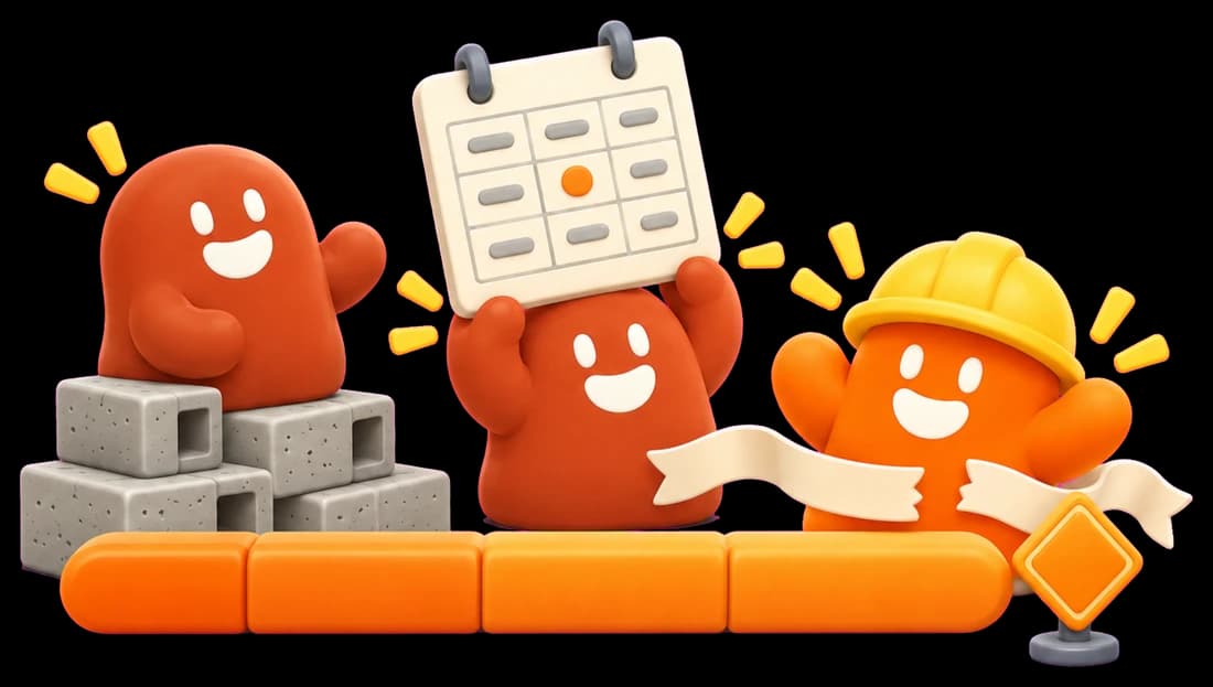 Tres personajes festejan al final del programa: uno con casco rompe la cinta de meta junto al hito, otro levanta un calendario con un día marcado y el tercero saluda sentado en unos blocks