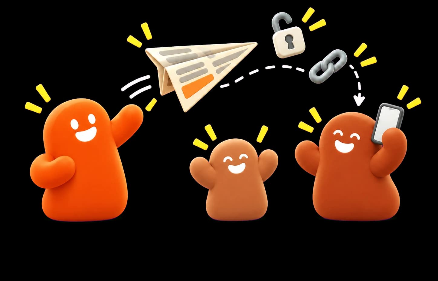 Un thumb naranja lanza un avión de papel hecho con el presupuesto hacia uno café que lo recibe en su celular, con un candado y un eslabón en el camino