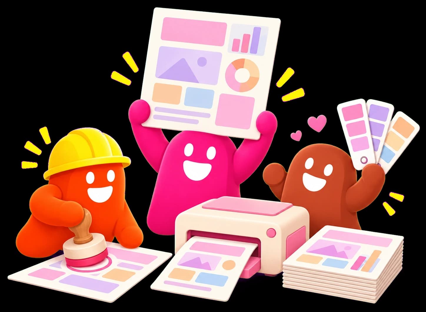 El thumb rosa de Plasza levanta un PDF recién impreso; el naranja le pone un sello y el café agita un abanico de colores