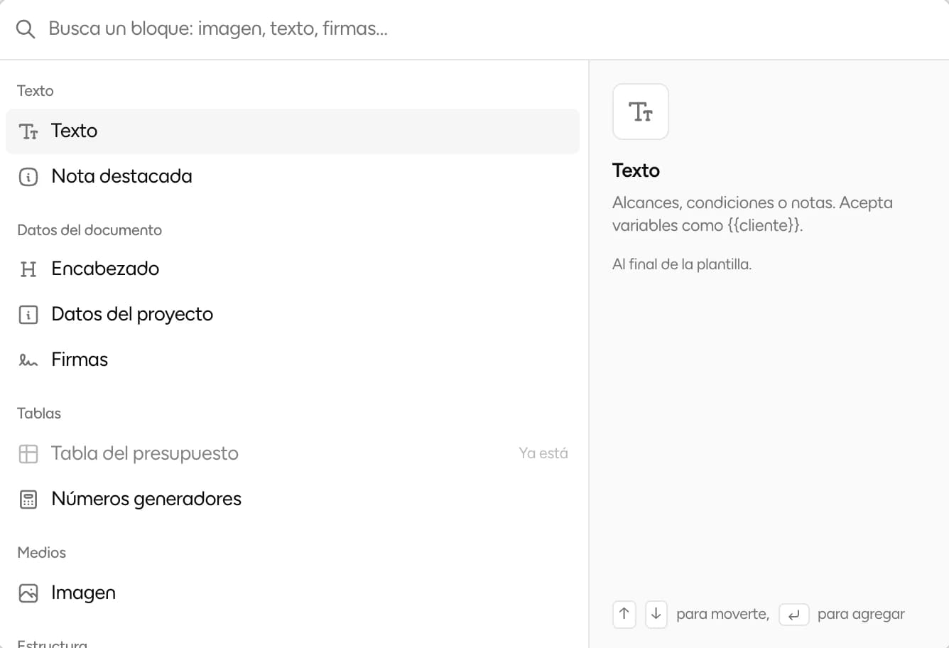 Diálogo para agregar un bloque: Texto, Nota destacada, Encabezado, Datos del proyecto, Firmas, Tabla del presupuesto, Números generadores e Imagen
