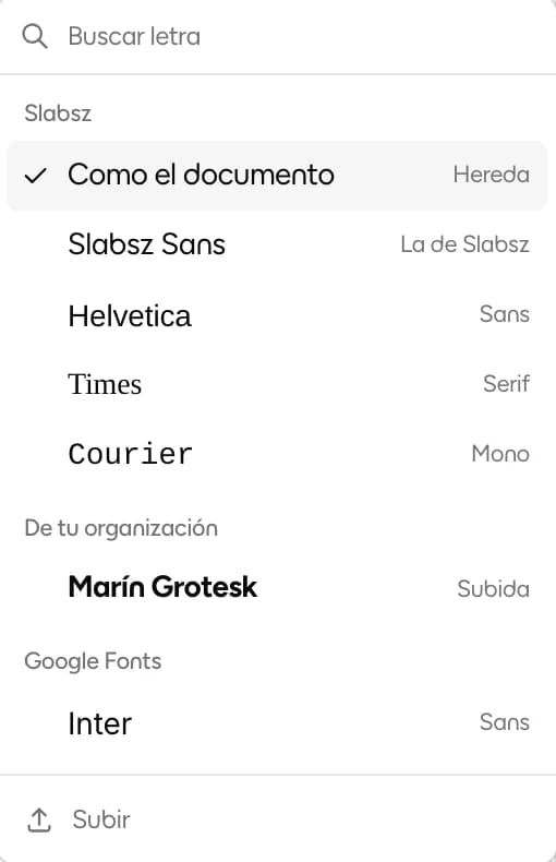 Selector de letra con Slabsz Sans, Helvetica, Times, Courier, una letra subida por la organización y Google Fonts, con el botón Subir