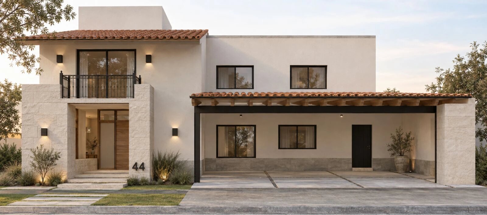 Render de la fachada remodelada: casa de dos niveles con aplanado claro, piedra, techos de teja y cochera con pérgola de madera.