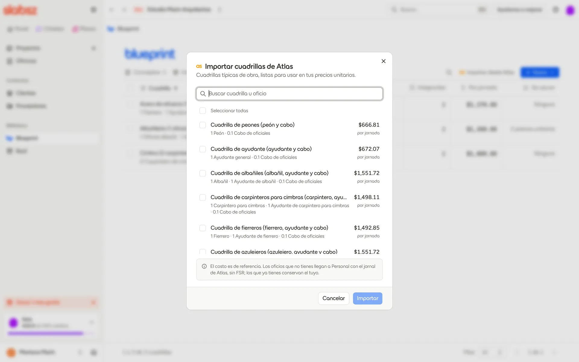 Diálogo Importar cuadrillas de Atlas