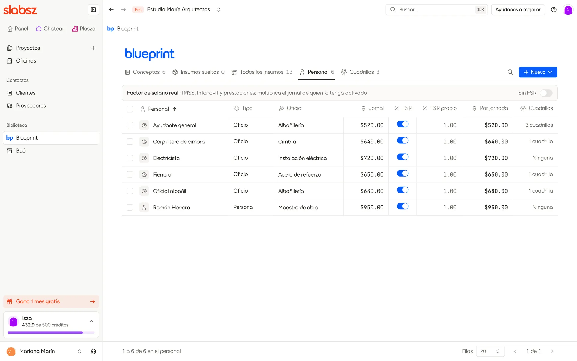 Blueprint, pestaña Personal, con el recuadro del factor de salario real arriba de la tabla
