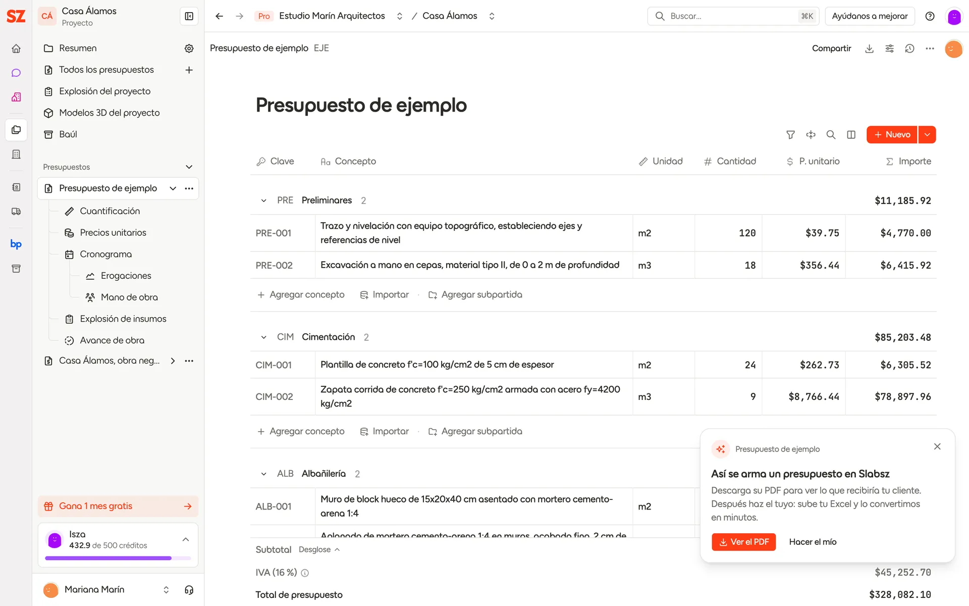 Presupuesto de ejemplo con la tarjeta Así se arma un presupuesto en Slabsz