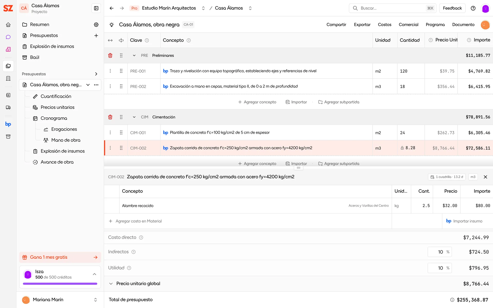 Análisis de precio unitario con Precio unitario global abierto: costo directo, indirectos y utilidad