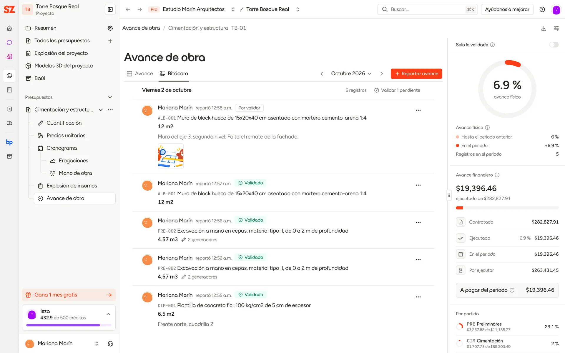 Bitácora de avance de obra con registros validados y por validar