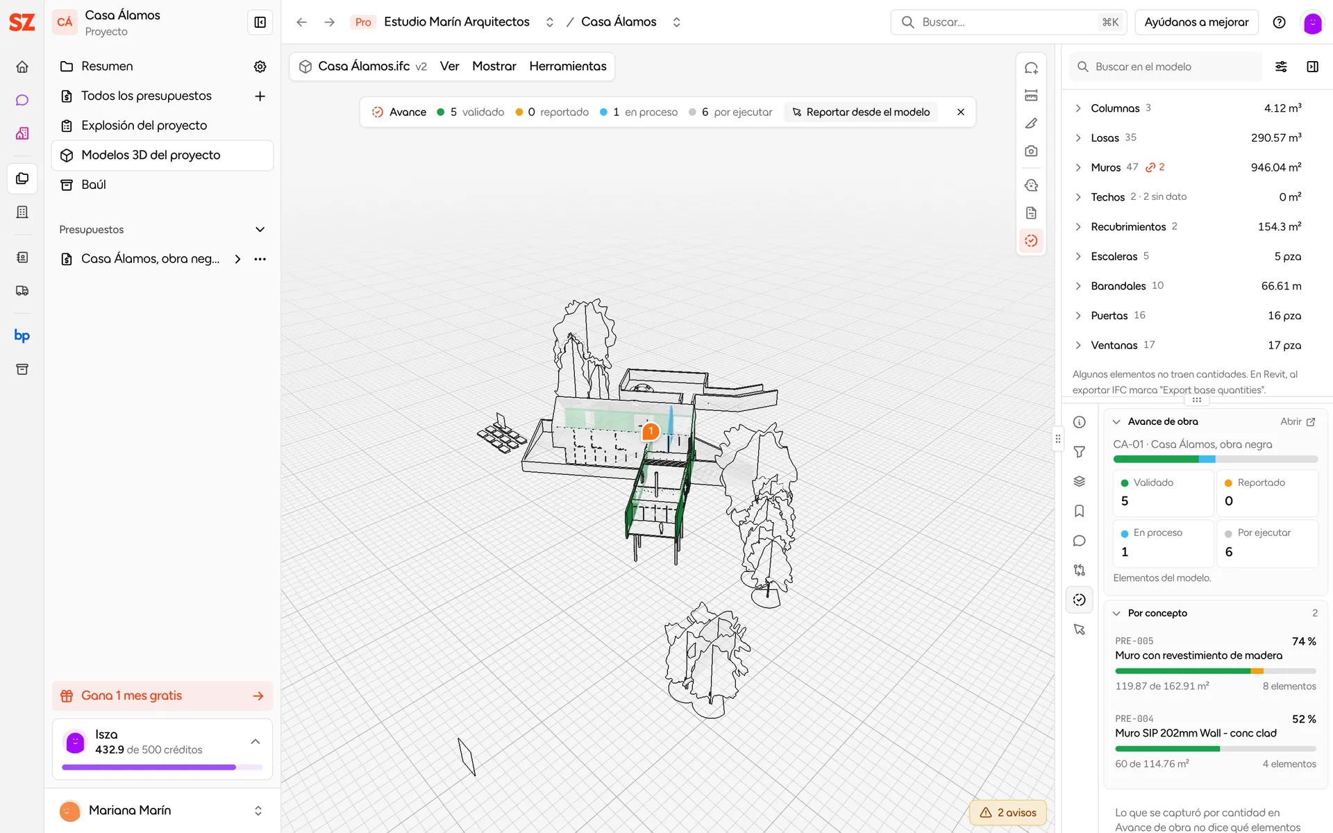 Modelo 3D con el avance de obra pintado y el panel por concepto