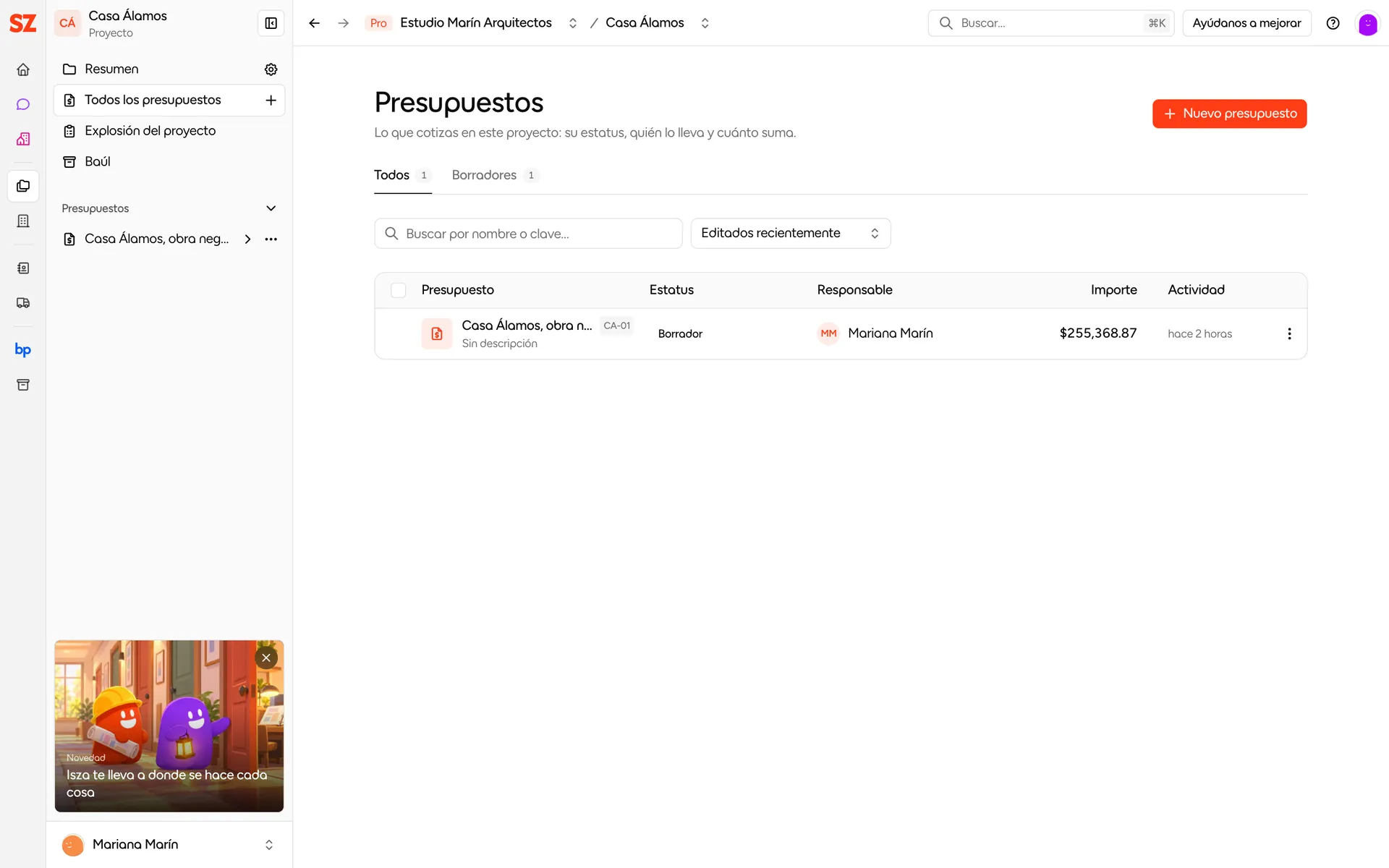 Lista de presupuestos del proyecto