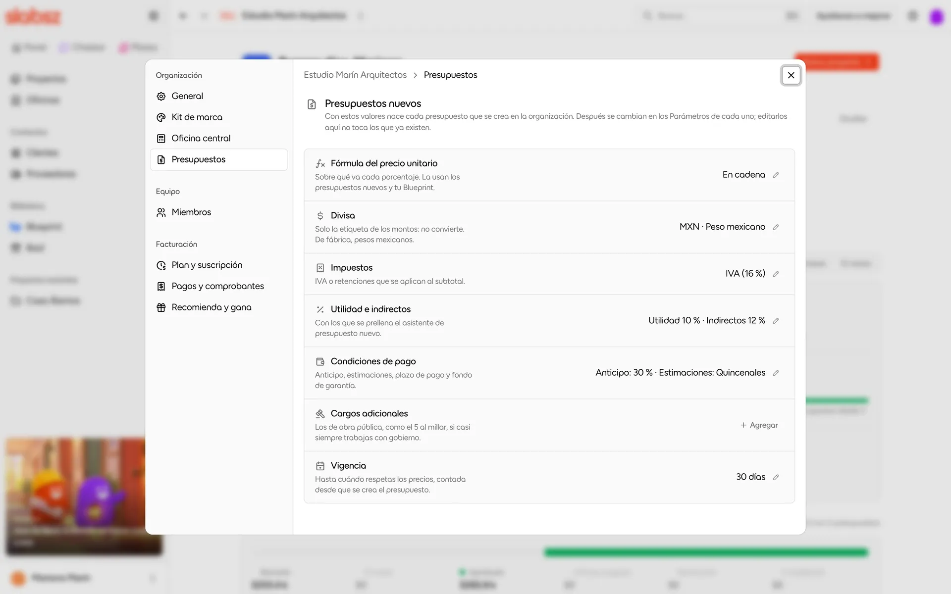 Sección Presupuestos de la configuración de la organización