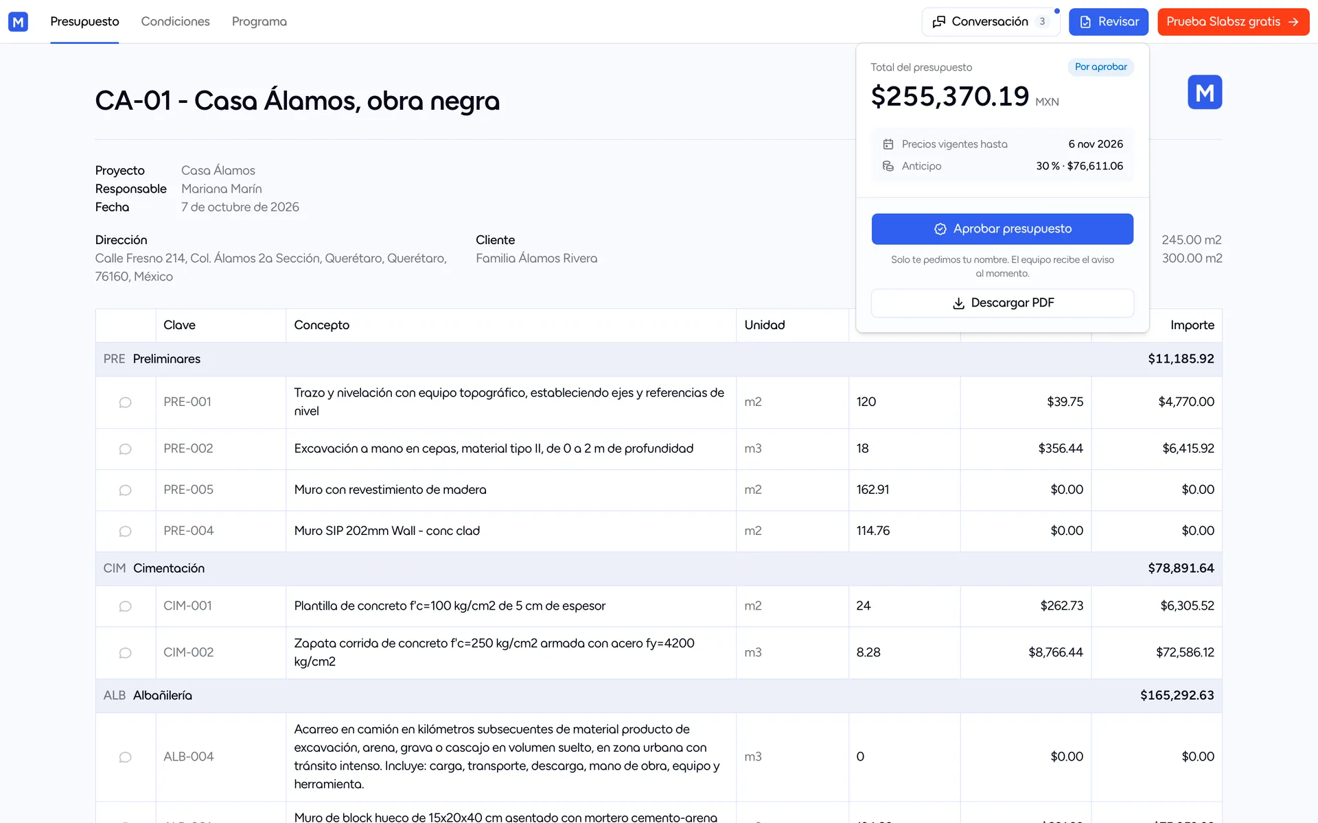 Popover Revisar con el total, la vigencia, el anticipo y los botones de aprobar y descargar